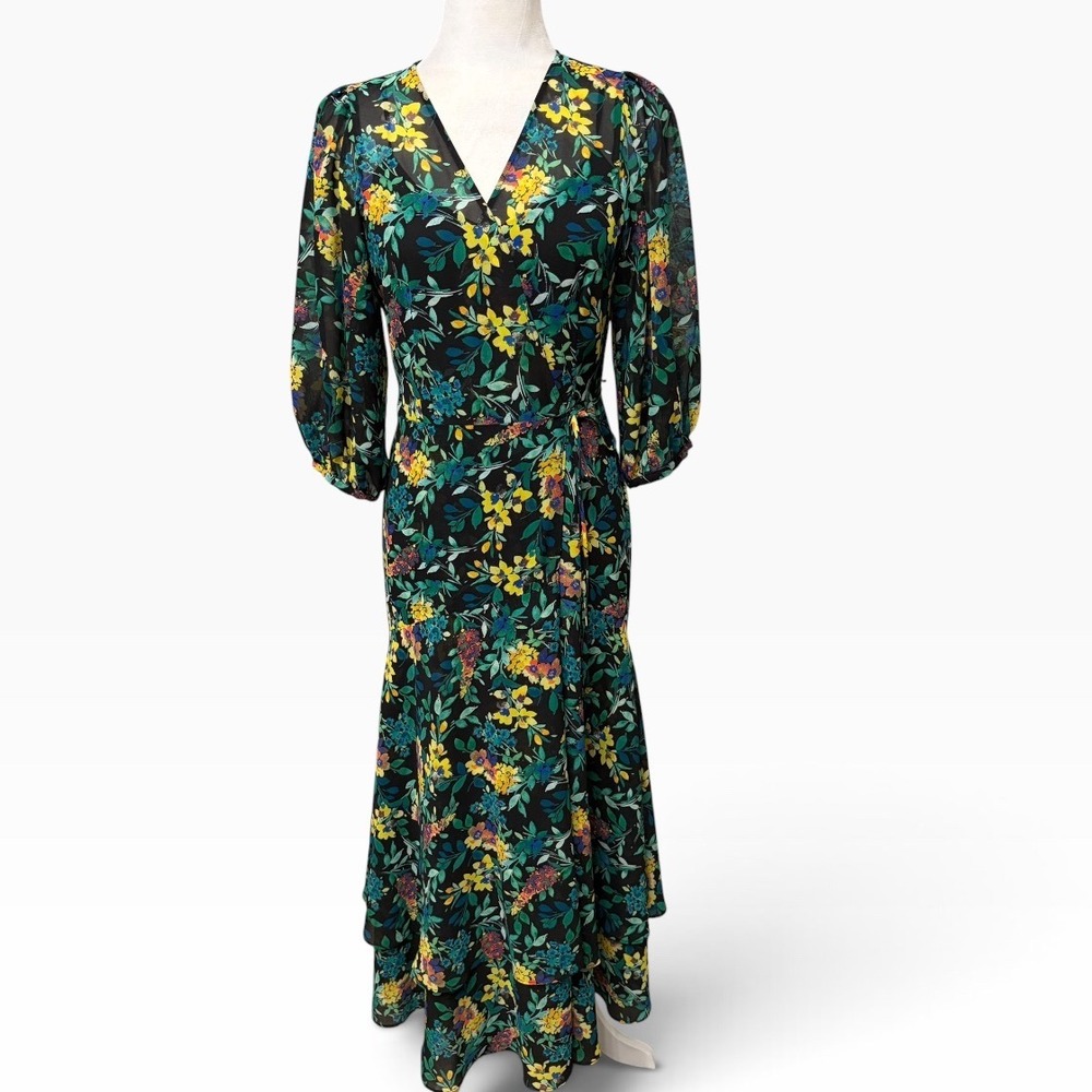 Calvin Klein Black/Green Floral Wrap Maxi Dress Ruffle Tiered Women's Size 6